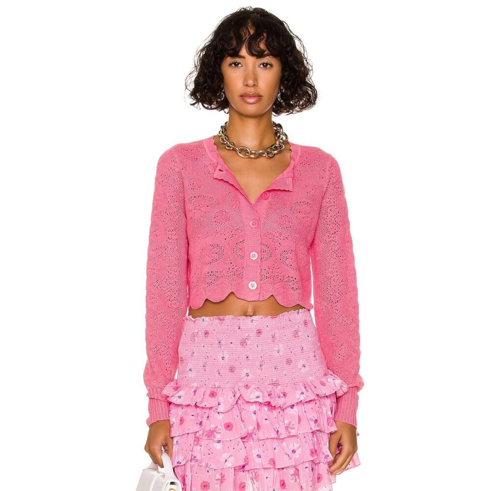 LoveShackFancy Muriel Crochet Crop Cardigan Strawberry Pink Size S
